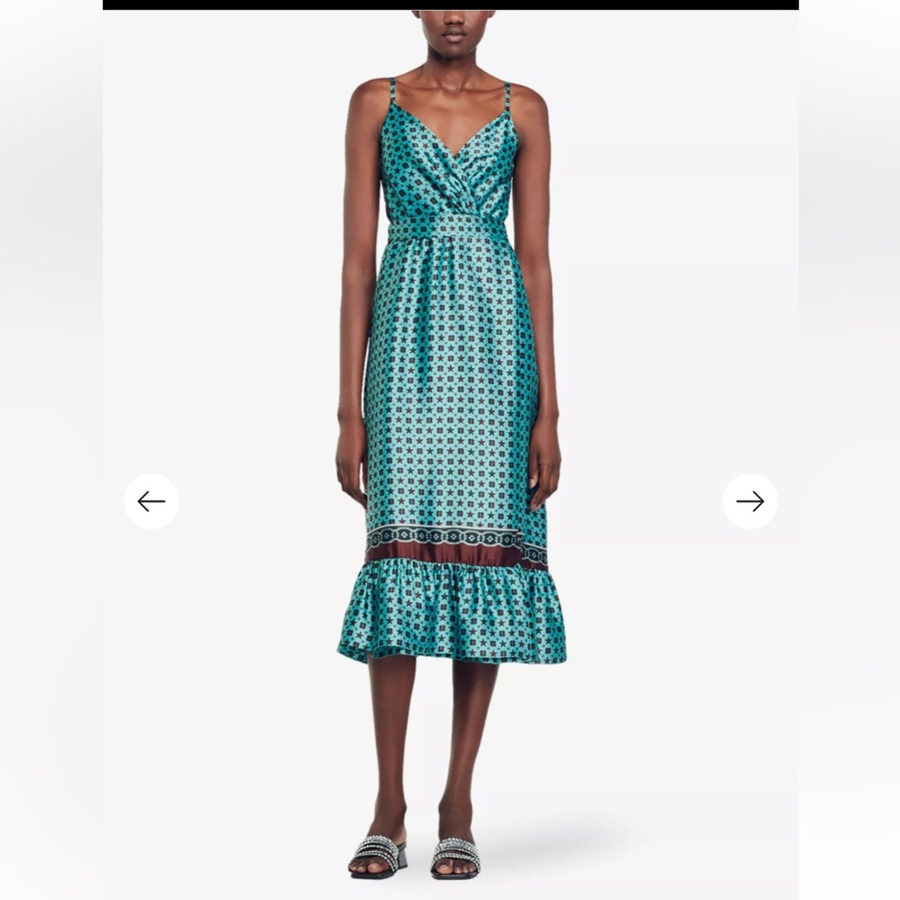 Sandro Salta turquoise and brown geometric print satin wrap midi dress size 38